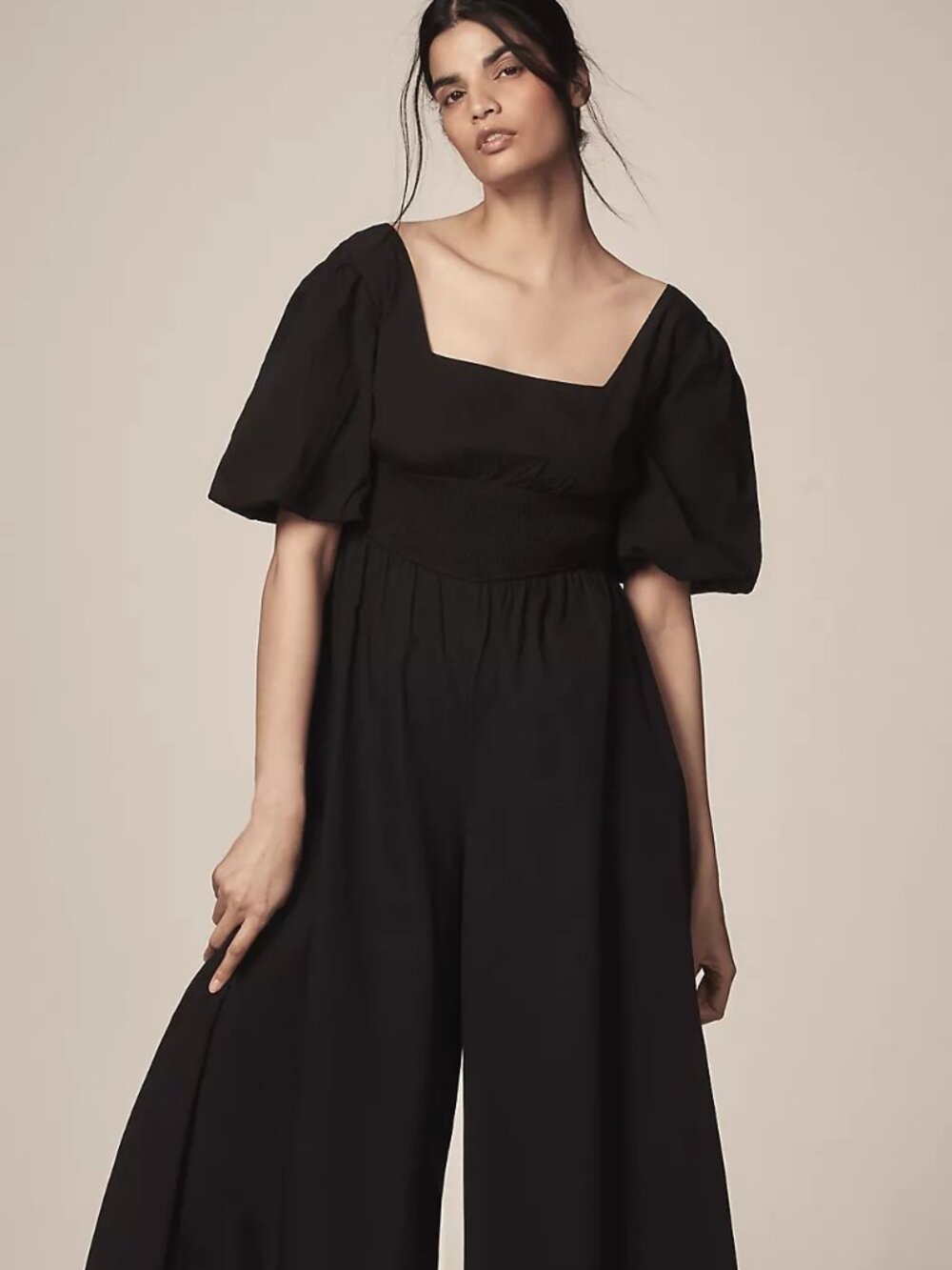 Maeve Anthropologie Black Puff Sleeve Midi Jumpsuit Cotton M